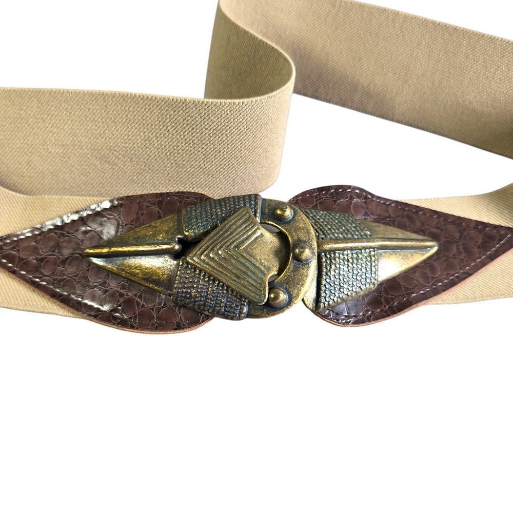 Vintage Wide Elastic Cinch Belt Tan Brown Arrow Brass Sculptural Buckle 31in - Picture 2 of 9